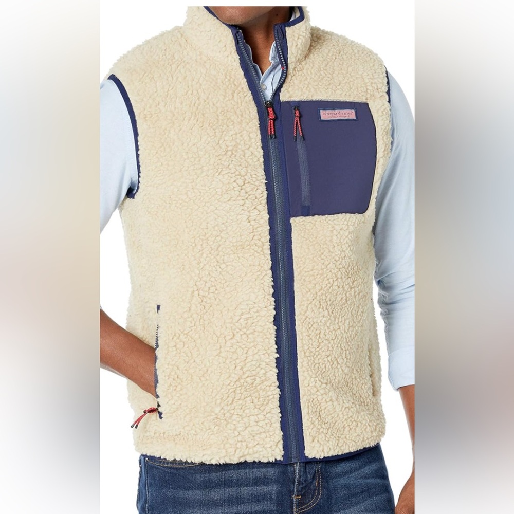 Vineyard Vines Cream Sherpa Vest with Navy Trim